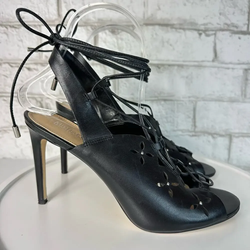 Michael Kors Black Heels Thalia Ankle Wrap Strappy Pump Stiletto Open Toe 7.5 38